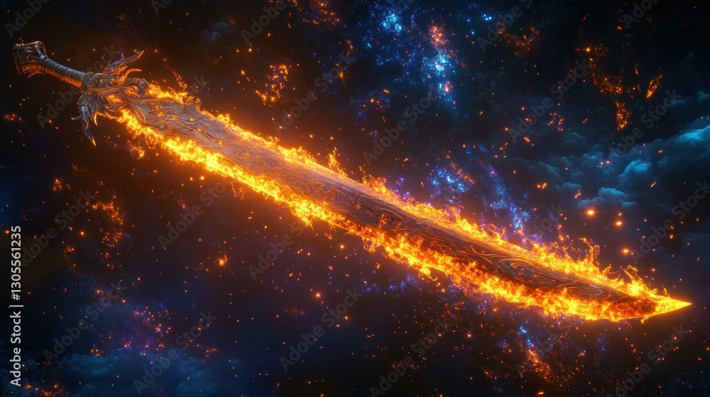 Poster a flaming sword floating within a cosmic and celestial background