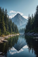 Naklejka premium mountains reflected in a lake surrounded by trees and rocks