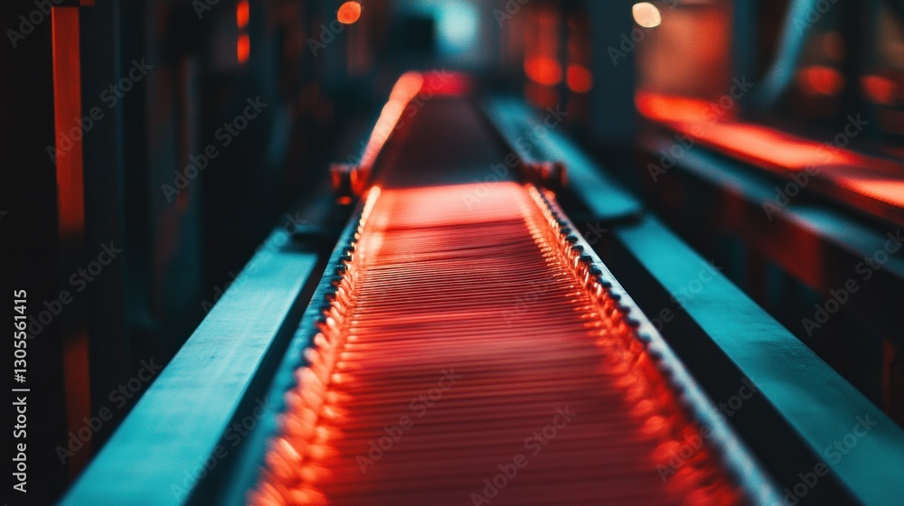 Poster Red Hot Rails Displaying a Conveyor Belt System in Factory Setting