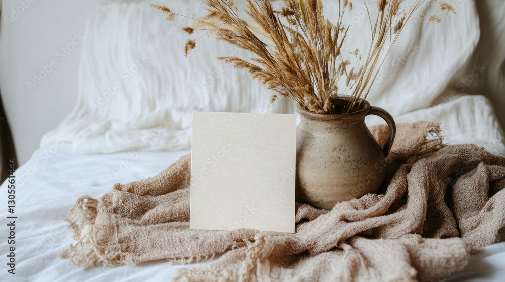 Poster a square card sits in front of a vase with tall grass