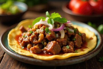 Cecina beef and saut?ed onions on a toasted tortilla plate, cecina, toasty