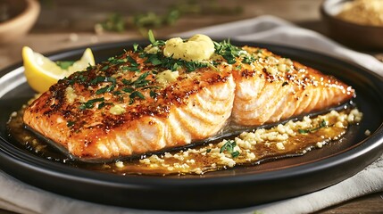Sizzling broiled salmon fillet with a caramelized crust topped with fresh herbs and a squeeze of lemon plated elegantly