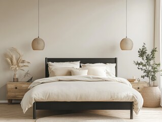 A beautifully decorated bedroom features a bed and natural decor