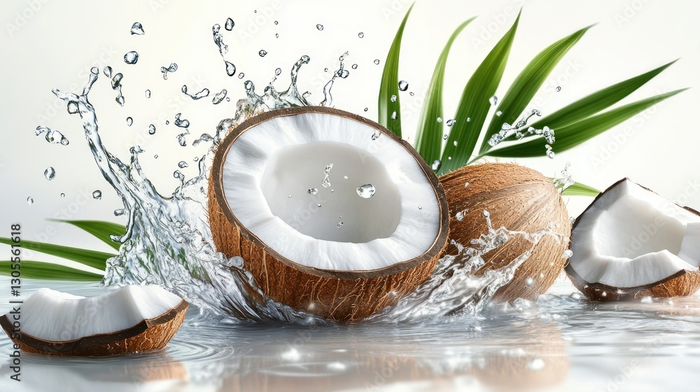 Poster fresh coconuts with water splashing and green leaves around them