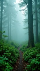 Obraz premium Dense thicket of shrubs and bushes in the foggy forest, fog, greenery