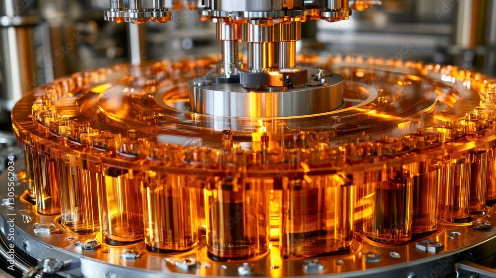 Poster Automated machine filling and labeling bottles on a factory production line