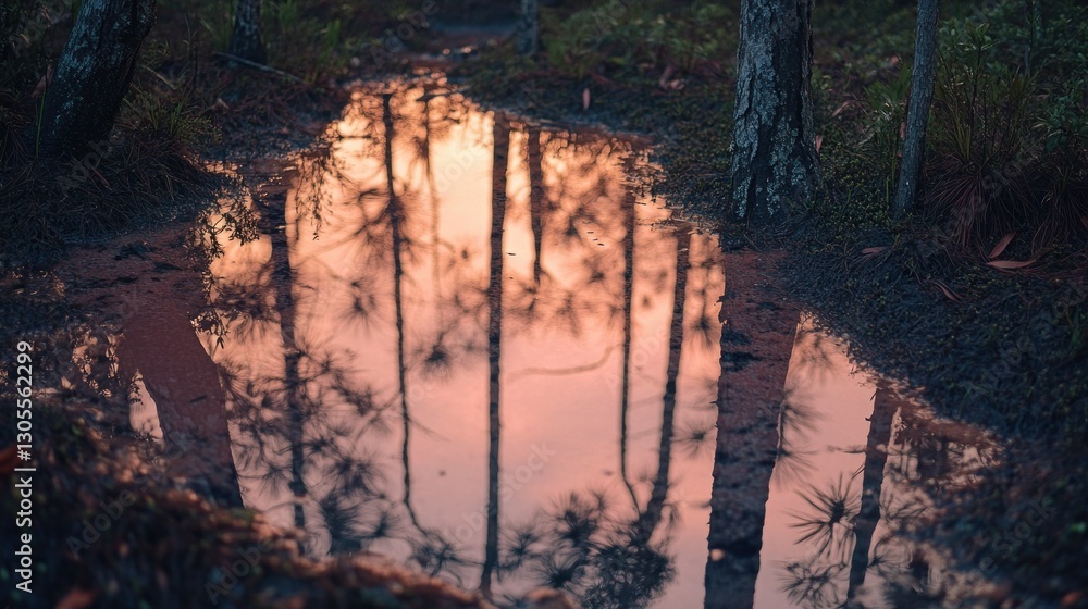 Poster reflections of trees and sky in forest water puddle