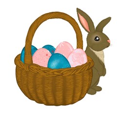 Illustration of easter basket with easter eggs and bunny on white background 