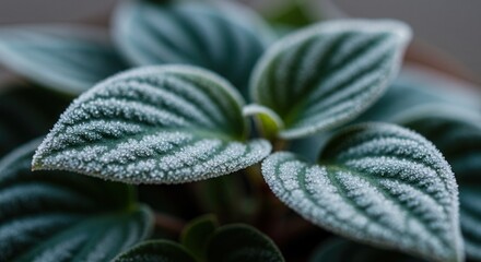 Close-up of Frosted Peperomia Plant Leaves Displaying Winter's Touch