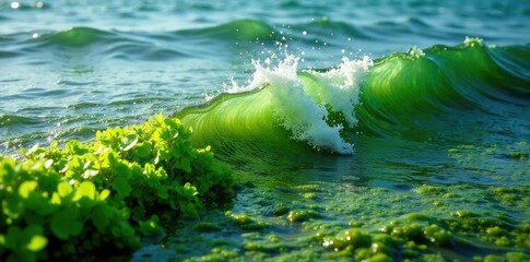 Dense Ulva green algae thicket with broken wave splash in brackish water, littoral zone, clay bottom, thicket