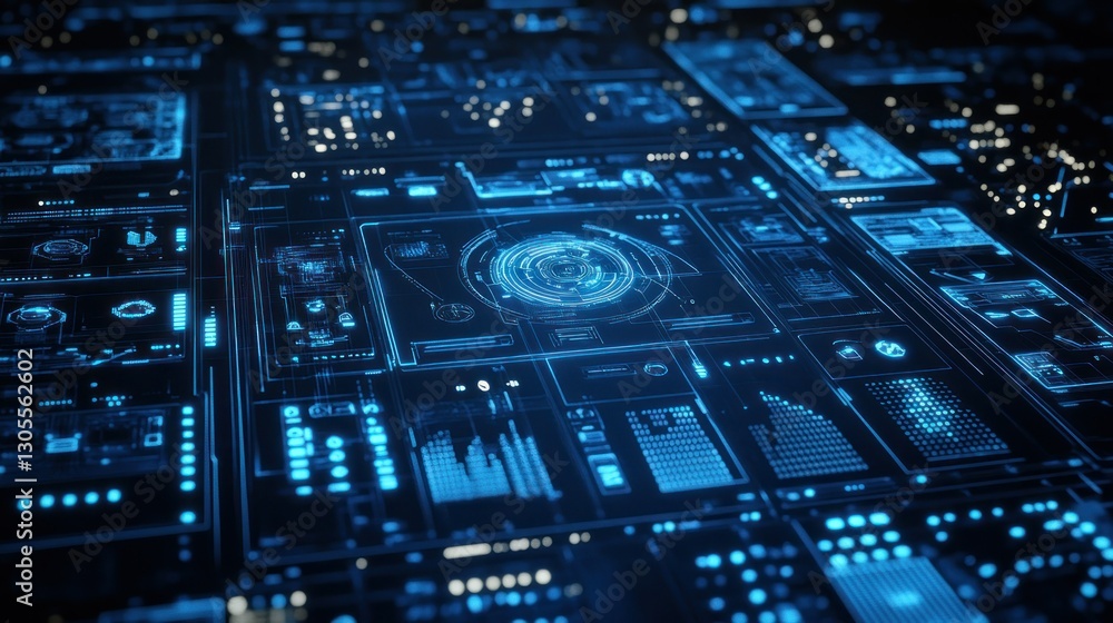 Poster Digital futuristic control panel displays intricate data representations vividly