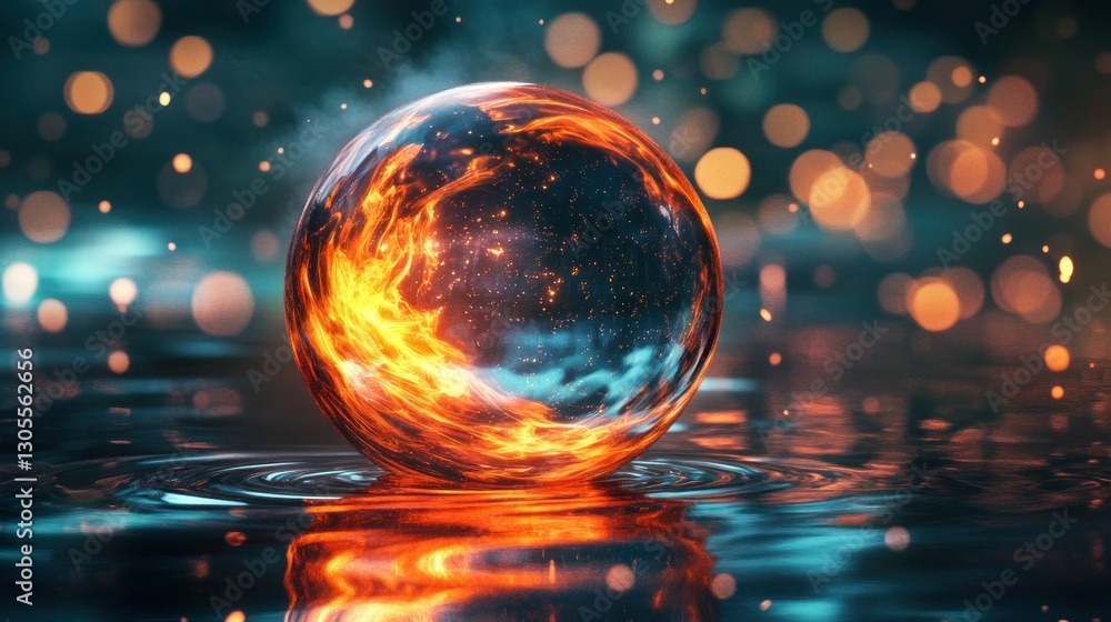 Aufkleber fiery orb reflected in water with ambient sparkling background