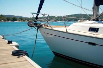 Fototapeta premium Sailboat secured to dock with winch and ropes, rope, dock