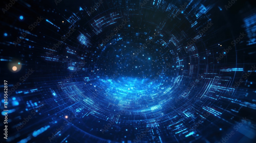 Poster A blue tunnel with digital patterns and data flowing through space