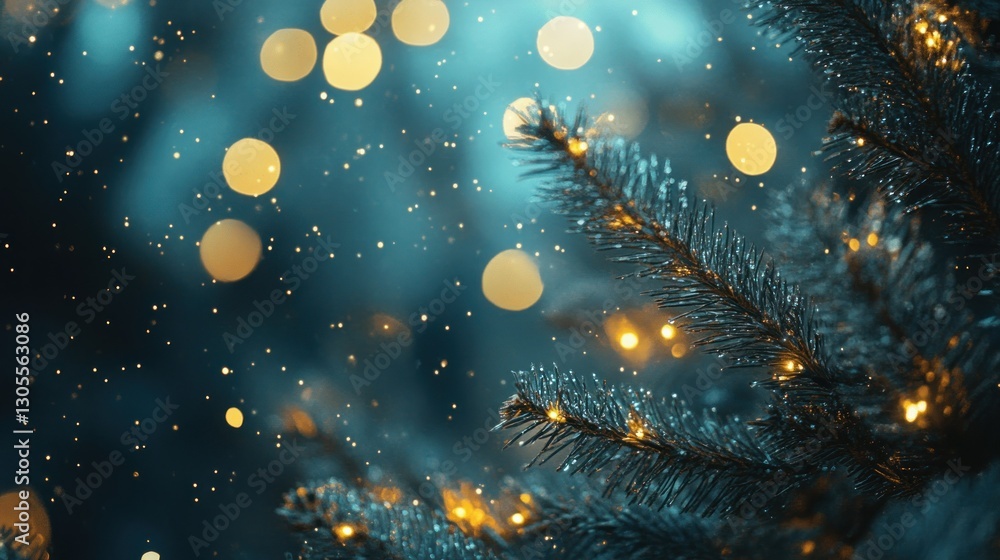 Poster A christmas tree branch with bokeh lights and bokeh sprinkles