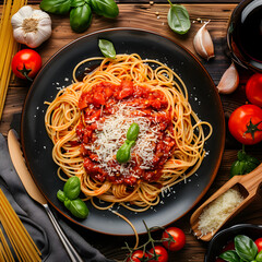 Delicious Homemade Spaghetti with Fresh Ingredients - Flat Lay Food Photography