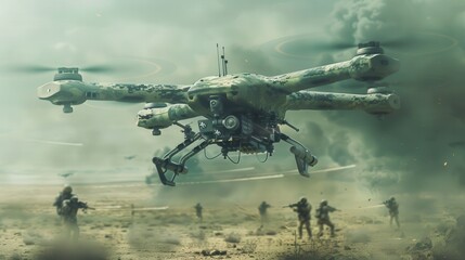 Drone flies over field. Soldiers move forward. Future battlefield scene. Vehicle flies in air. Camouflage pattern on drone. Dusty landscape and cloudy sky.