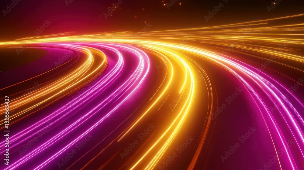 Poster bright neon lights creating curved trails against dark backdrop