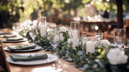 Elegant outdoor table setting with greenery and white roses for a wedding reception.