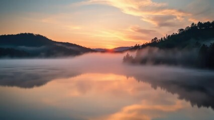 Obraz premium A misty lake scene at sunset with trees and hills surrounding it, peaceful ambiance, natural scenery