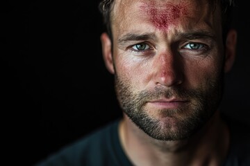 Fototapeta premium Portrait of a man with a red marked spot on his forehead (pain effect) . 