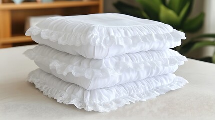 Elegant stack of white pillows with delicate lace trim home decor scene