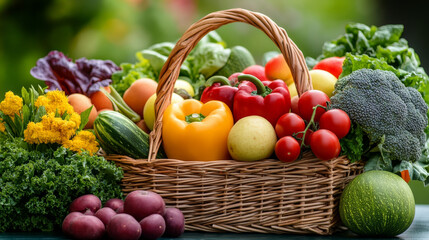 Fresh organic fruits and vegetables neatly arranged in a wicker basket