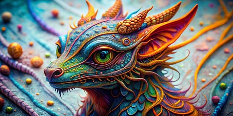 Macro Close-up of Whimsical Creature Doodle on Marble, Detailed Art