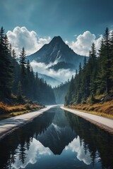 there is a mountain in the distance with a lake in the foreground