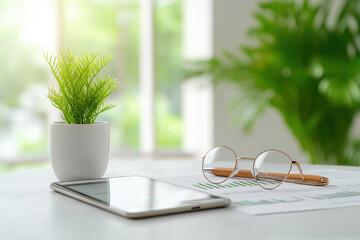Stylish workspace with tablet, glasses, and plant on desk in bright setting
