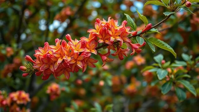 a single branch on a flowering tree bears an abundance of jambo flowers, foliage, botanical
