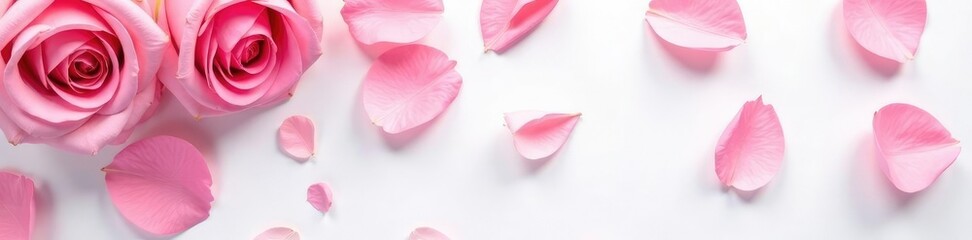 Fototapeta premium Soft pink rose petals scattered on a white background, pink flowers, spring
