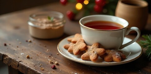 Warm cup of tea on a wooden table next to a plate of sweet gingerbread cookies, dessert, baking