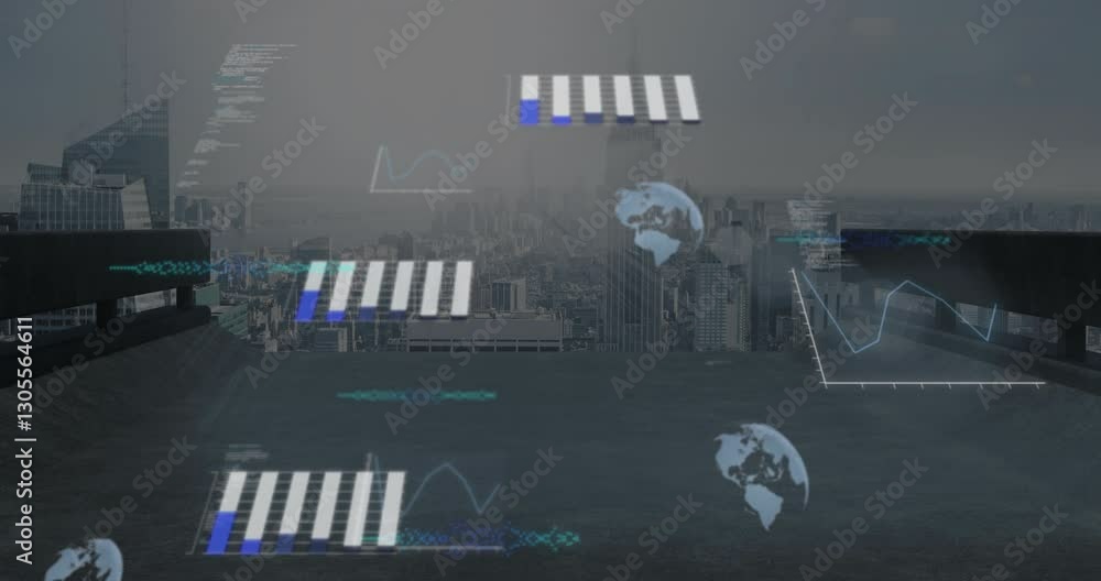 Poster digital graphs and charts animation over cityscape with skyscrapers in background