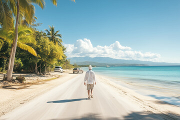 A retired traveler dressed in light summer clothing, strolling down a pristine coastal road lined with palm trees and turquoise waters.