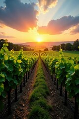 Fototapeta premium Rows of vineyards stretching towards the east as morning sunlight peeks over the horizon, vineyard, winery, landscape