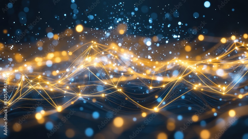 Poster Glowing golden lines and light particles representing network connections