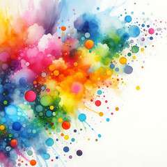 Explosion bunter leuchtender Farben wie Regenbogen Wolken mit Spritzern und Kleksen dynamisch kunstvoll verlaufend auf wei&szlig;em Papier Hintergrund als Vorlage f&uuml;r Aquarell Wasserfarben Kurs Zeichnen 