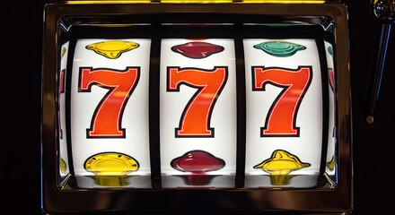 Closeup of winning slot machine with triple sevens jackpot.