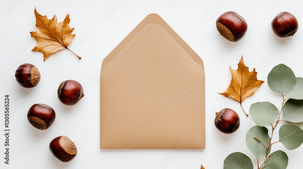 Poster an open envelope surrounded by autumn leaves and nuts on white