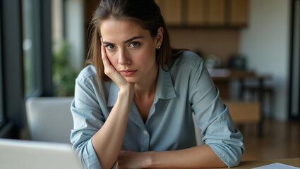 Obraz premium Pensive woman in blue shirt against blurred background