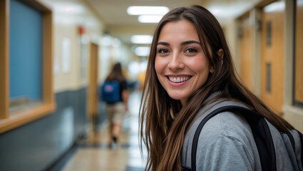 Fototapeta premium Happy female student with backpack in school corridor