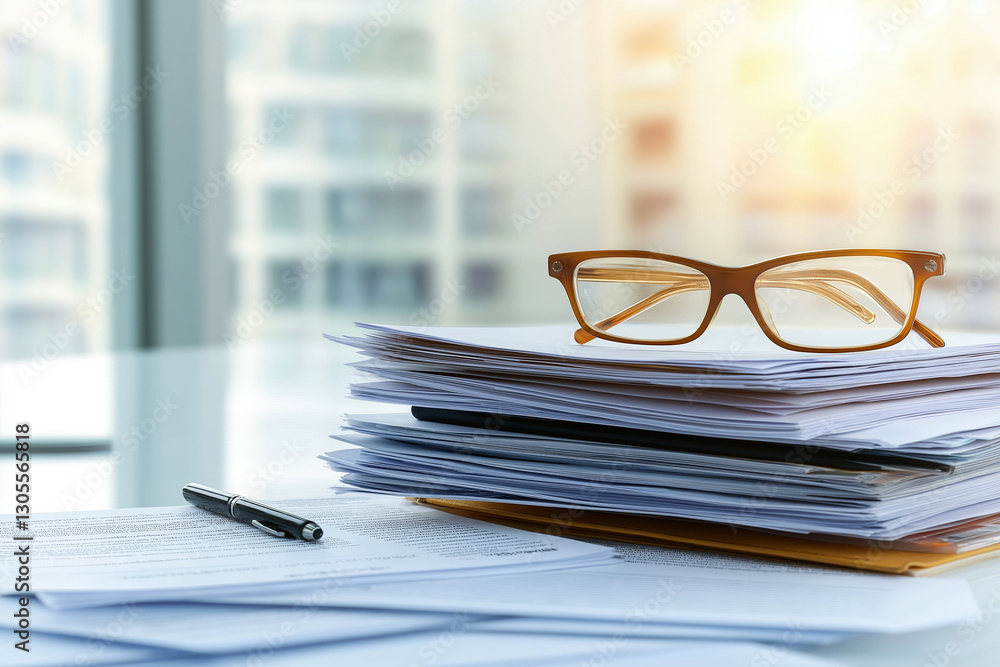 Poster stacked documents with eyeglasses and pen on table near window in office space