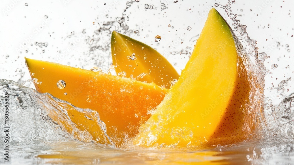 Poster fresh slices of ripe mango interacting with water splashes
