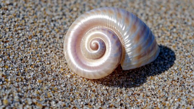 Close-up video concept of a spiral seashell on sandy beach. Captured from a low angle, highlighting the shell's texture and natural patterns.