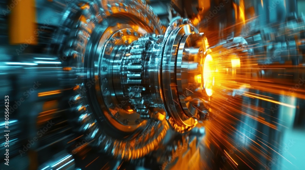 Poster Machinery mechanism with sparks and dynamic motion in progress