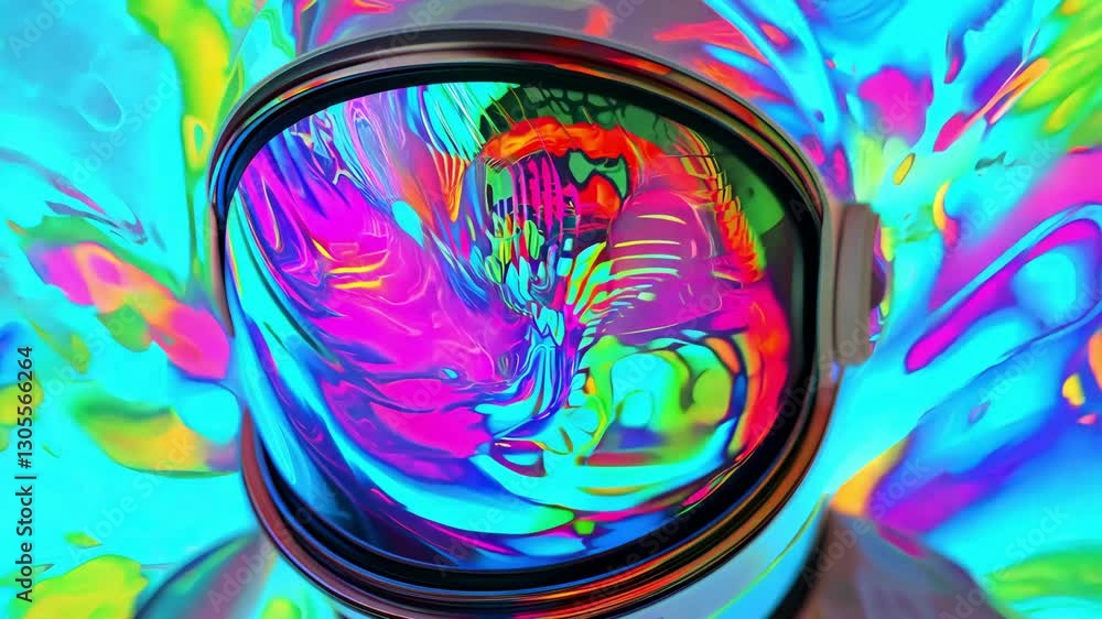 Poster an astronauts helmet reflects mesmerizing colors amidst a dynamic abstract background, showcasing a 