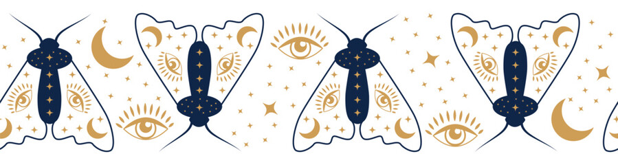 Horizontal border, set Magic and heavens seamless pattern, with magical elements Symbols of witchcraft theme