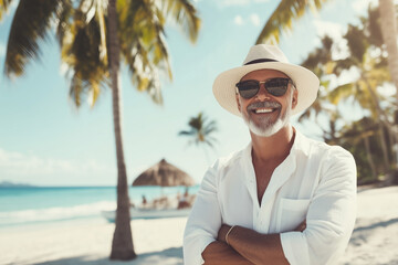A stylish senior man with a white beard and sunglasses smiles confidently while standing on a tropical beach, surrounded by palm trees.