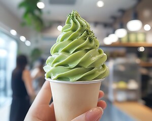 Holding green ice cream cafe